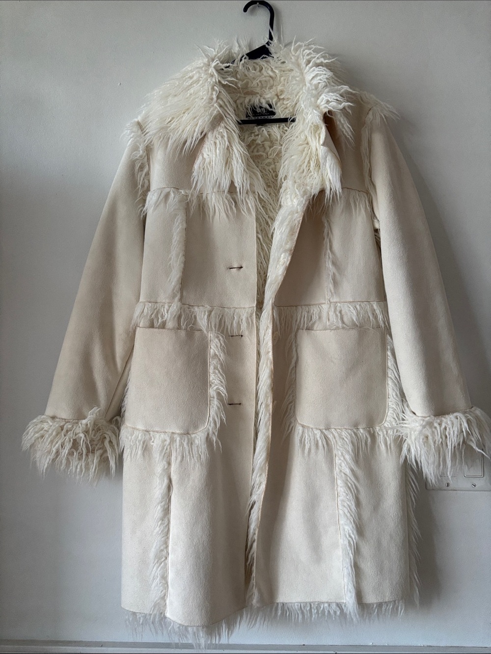 blanc noir Cream Faux Shearling Teddy Coat with Feather Trim